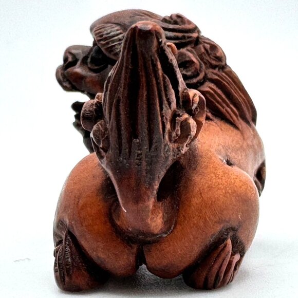 Ojime Netsuke 2 Foo Dog Lion Figurines Hand-Carved Boxwood Signed No Hole #1.2 - Picture 11 of 13